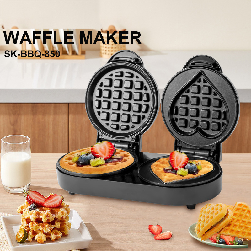 Mini Waffle Maker Machine - 110V ダブルプレートワッフルメーカー、丸型＆ハート型ミニ多機能サンドイッチパン焼き機、家庭用キッチン向け