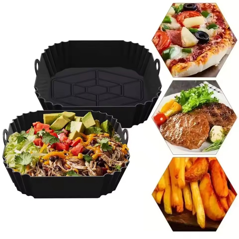 Air Fryer Silicone Pot Liner - シリコン製エアフライヤーポットトレイ（ハンドル付き）1個、スクエアエアフライヤーベーキングパン、キッチンベーキング用再利用可能エアフライヤーライナー